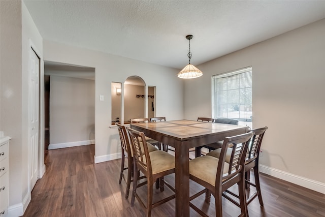 dining room with a textured ceiling and dark hardwood / wood-style floors