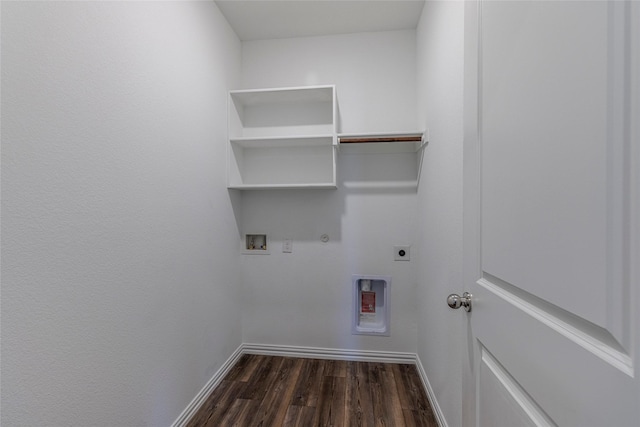 6049 Pensby Dr, Celina, TX 76227 - washroom featuring baseboards, dark wood-style floors, electric dryer hookup, laundry area, and hookup for a gas dryer