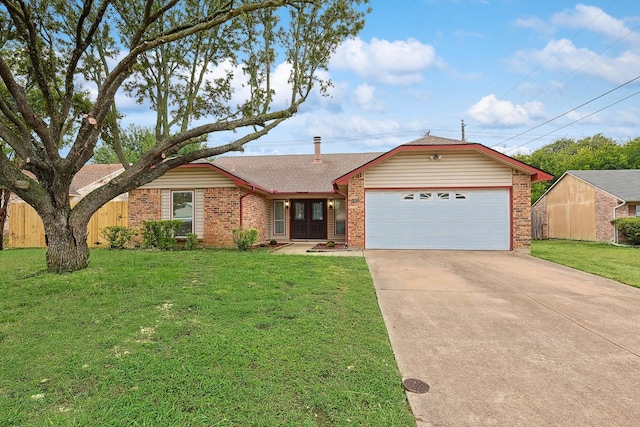 ranch-style house with a front yard and a garage