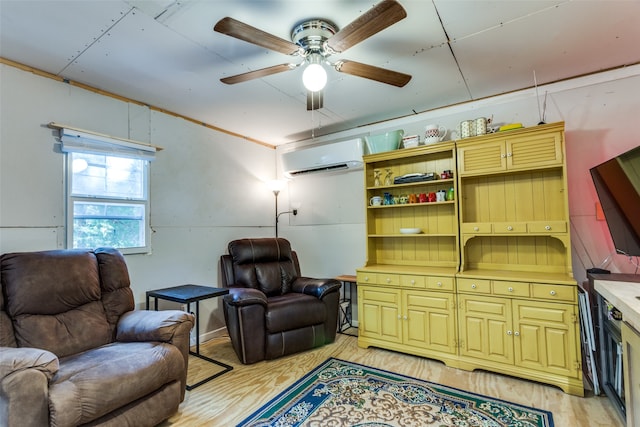 living room with light wood-type flooring, an AC wall unit, and ceiling fan