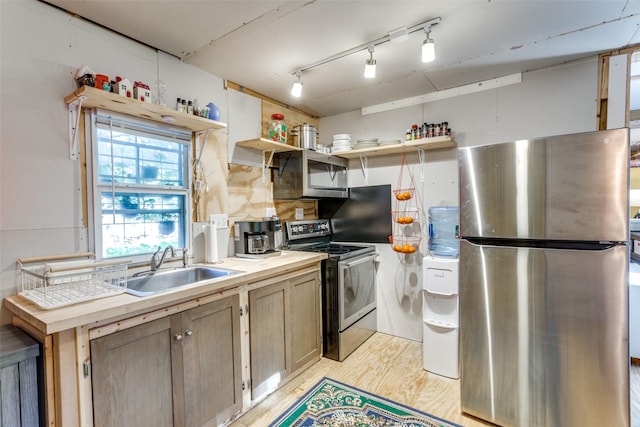 322 Boone, Alvarado, TX 76009 - kitchen with open shelves, rail lighting, a sink, light wood finished floors, and appliances with stainless steel finishes