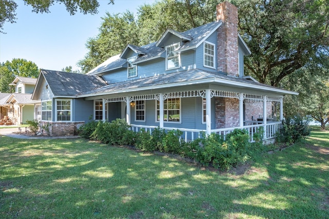 view of front facade featuring a front lawn and covered porch