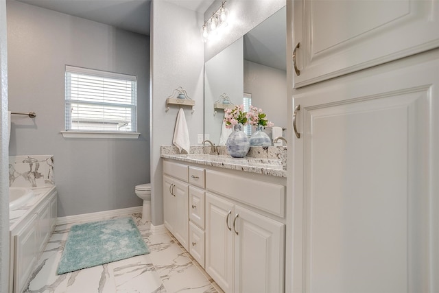 bathroom with vanity, toilet, and a bath