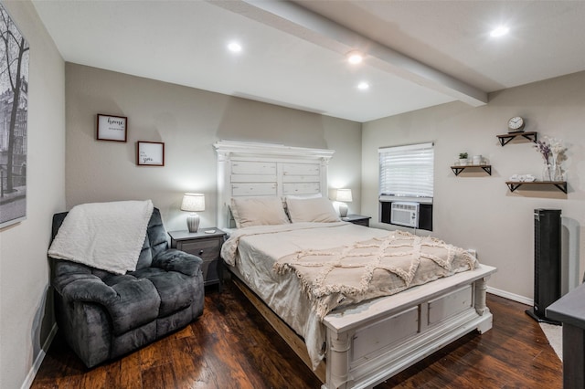 bedroom featuring beam ceiling, recessed lighting, wood finished floors, cooling unit, and baseboards