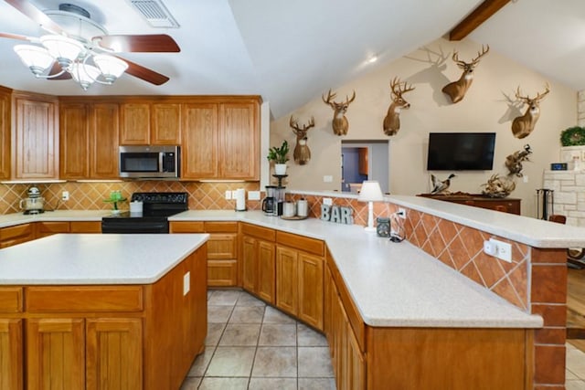 kitchen featuring electric range, decorative backsplash, light tile patterned flooring, and kitchen peninsula