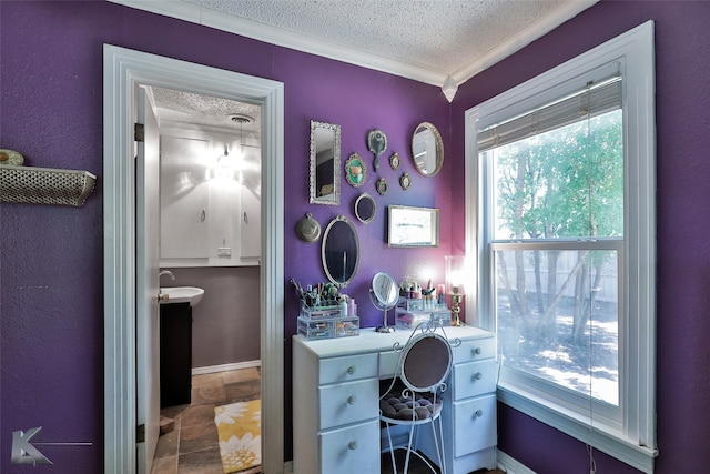 office space featuring a textured ceiling, sink, and crown molding