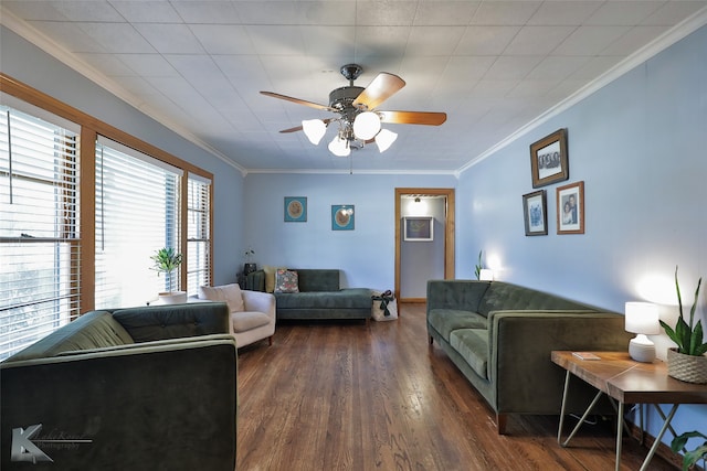 living room with ceiling fan, ornamental molding, and dark wood-type flooring