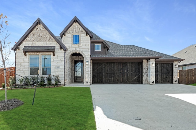 view of front of property featuring a front yard and a garage