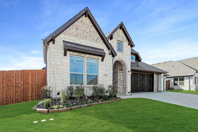 view of front of house featuring a garage and a front lawn