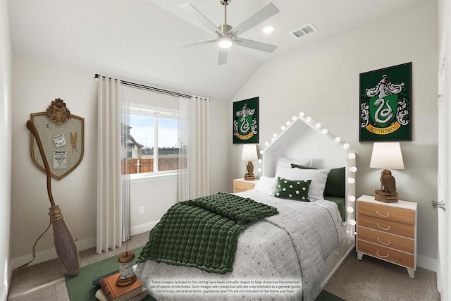 carpeted bedroom with lofted ceiling and ceiling fan