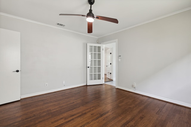 unfurnished room featuring ceiling fan, ornamental molding, and dark hardwood / wood-style flooring