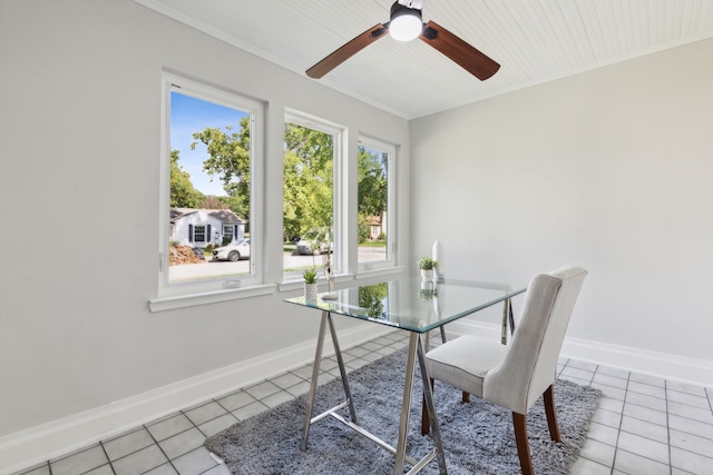 dining space with ceiling fan and light tile patterned floors