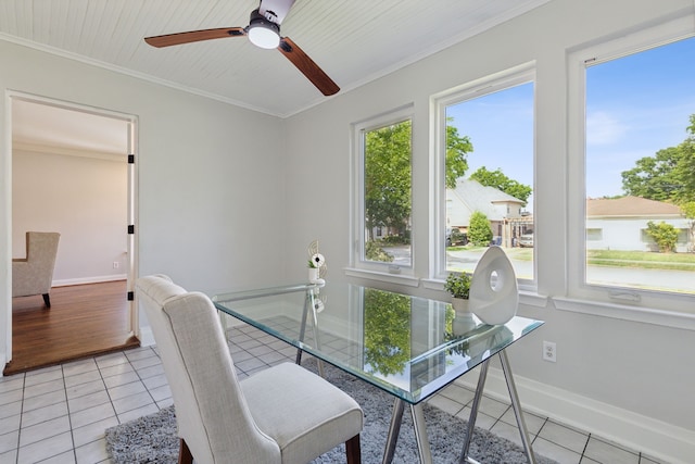 tiled dining room with ceiling fan, wood ceiling, and crown molding