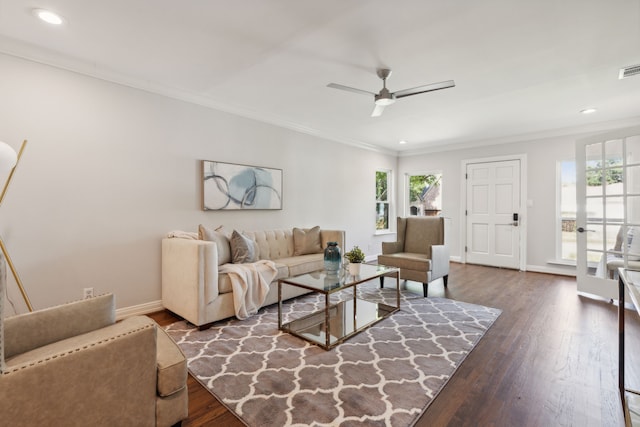 living room with ornamental molding, ceiling fan, a healthy amount of sunlight, and dark hardwood / wood-style flooring