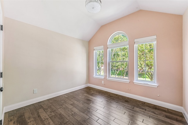 empty room with lofted ceiling and dark hardwood / wood-style flooring