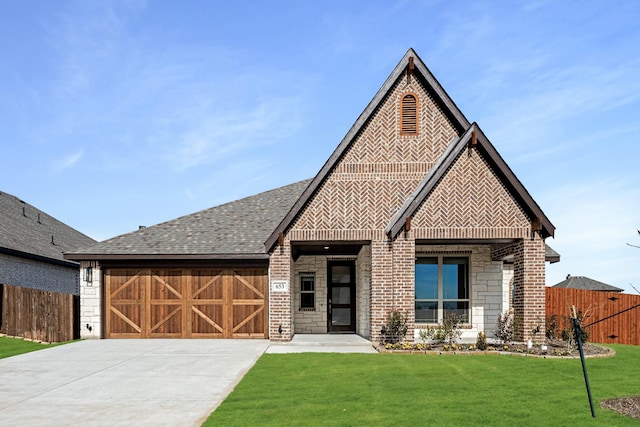 view of front of property featuring a garage and a front yard