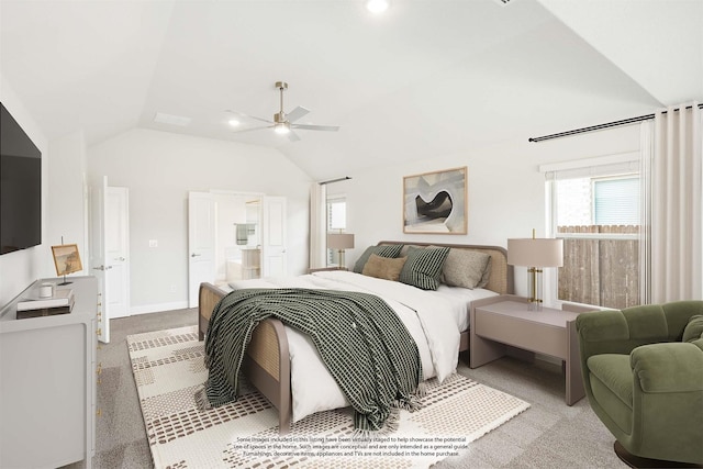 bedroom featuring light carpet, vaulted ceiling, and ceiling fan