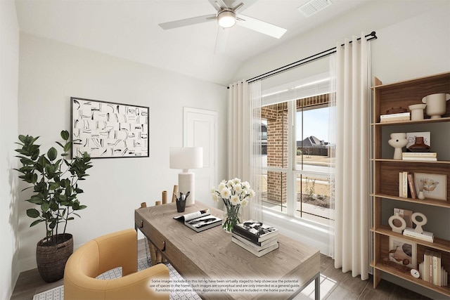 office area featuring ceiling fan and vaulted ceiling