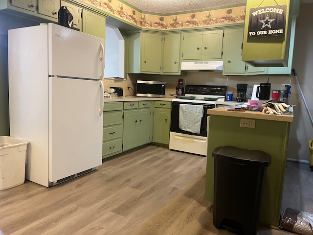 kitchen with green cabinetry, light wood-type flooring, a textured ceiling, and white appliances