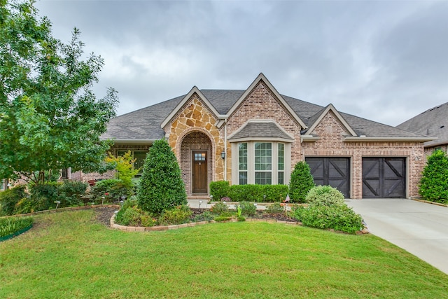 tudor-style house with a garage and a front lawn