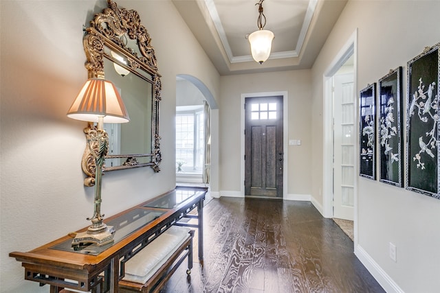 foyer with dark hardwood / wood-style floors, crown molding, and a tray ceiling