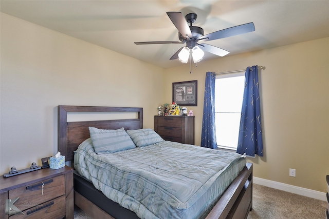 bedroom featuring ceiling fan and carpet floors