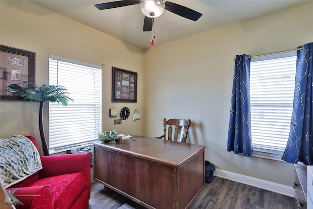 office with dark hardwood / wood-style flooring and ceiling fan