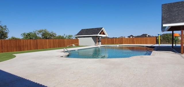 view of swimming pool with a storage shed and a patio area