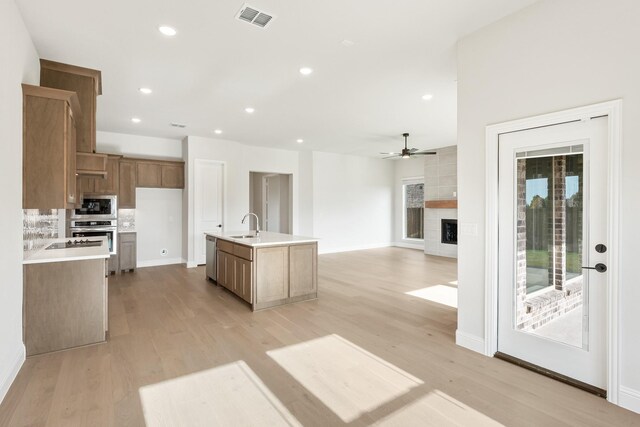 kitchen with appliances with stainless steel finishes, sink, light hardwood / wood-style floors, and an island with sink