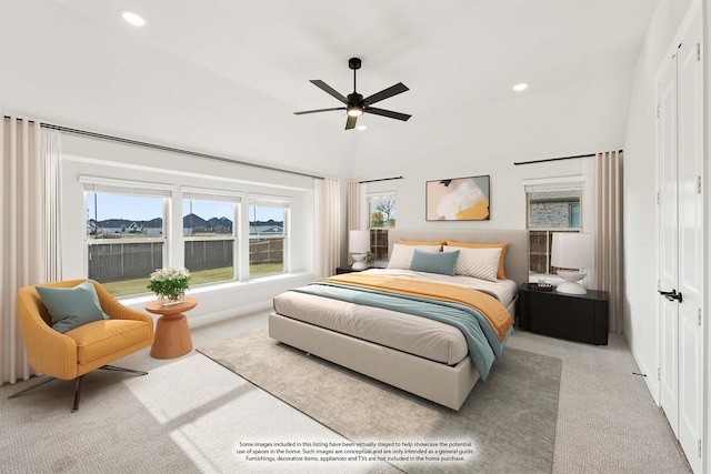 carpeted bedroom featuring ceiling fan