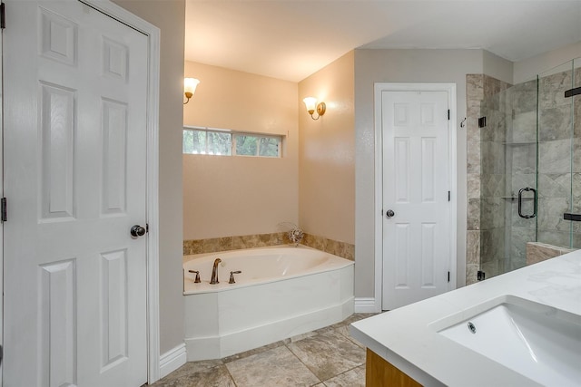 bathroom featuring plus walk in shower and vanity