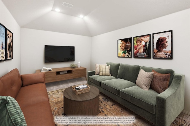 living room with lofted ceiling