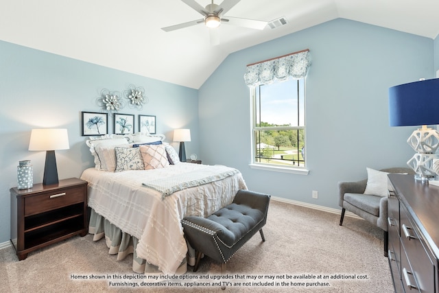 carpeted bedroom with ceiling fan and lofted ceiling