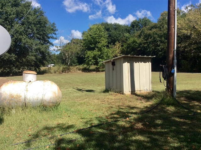 view of yard featuring a storage shed