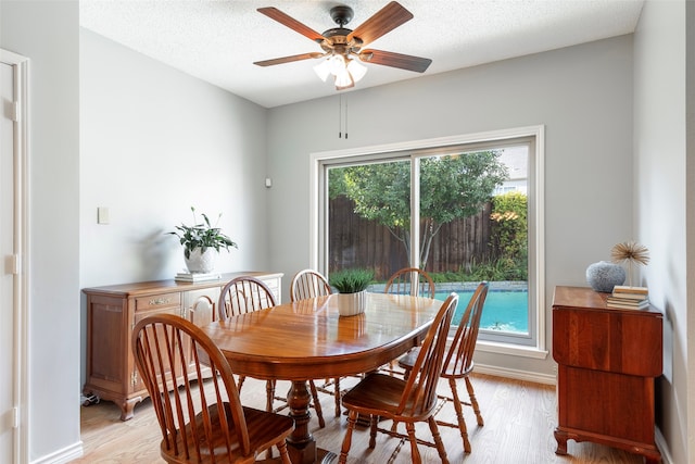 dining room featuring ceiling fan, a textured ceiling, and light hardwood / wood-style flooring