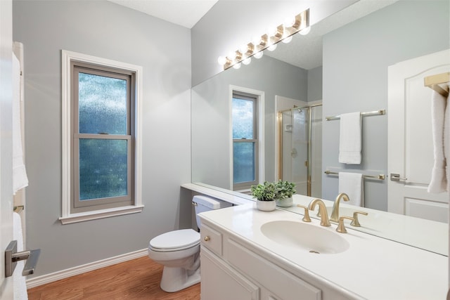 bathroom featuring vanity, toilet, plenty of natural light, and a shower with door