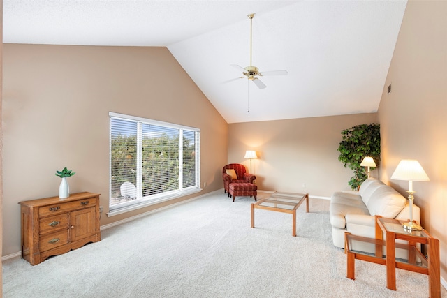 living room with light carpet, high vaulted ceiling, and ceiling fan