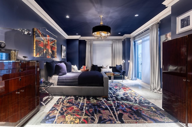 bedroom featuring an inviting chandelier and ornamental molding