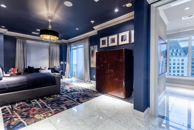 bedroom with multiple windows and ornamental molding