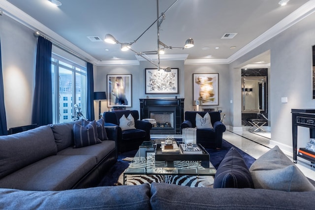 living room featuring crown molding