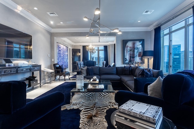 living room with a notable chandelier, carpet, plenty of natural light, and crown molding