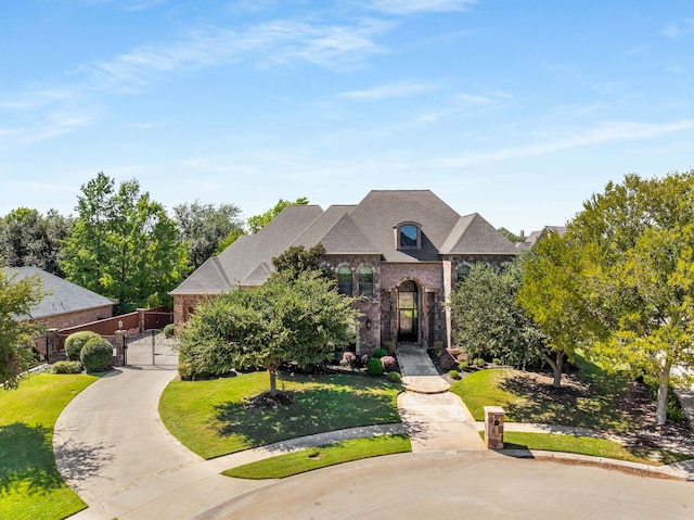 french country inspired facade featuring a front yard