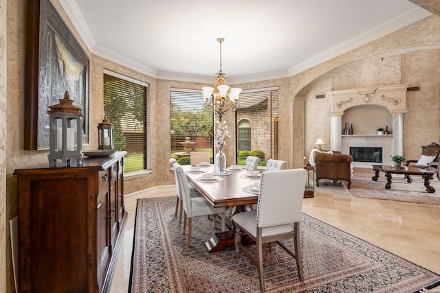 dining space with a chandelier and ornamental molding