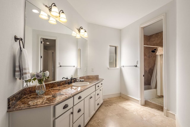 bathroom with tile patterned floors, vanity, shower / tub combo, and an inviting chandelier