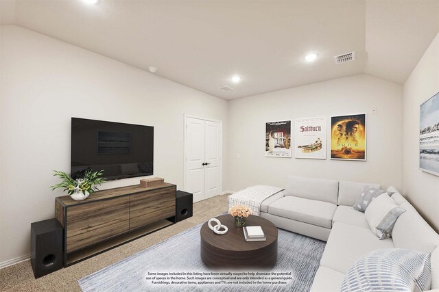 living room with carpet and lofted ceiling