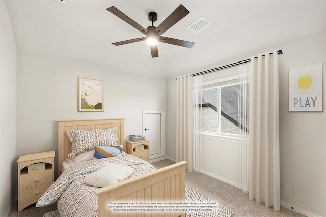 carpeted bedroom featuring ceiling fan