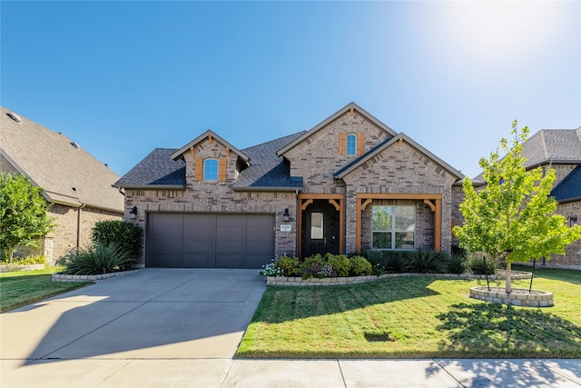 view of front of property featuring a garage and a front lawn