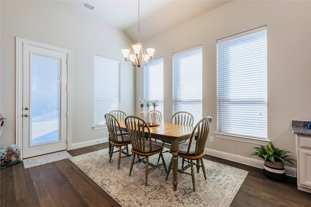 dining room featuring a notable chandelier, plenty of natural light, and dark hardwood / wood-style floors