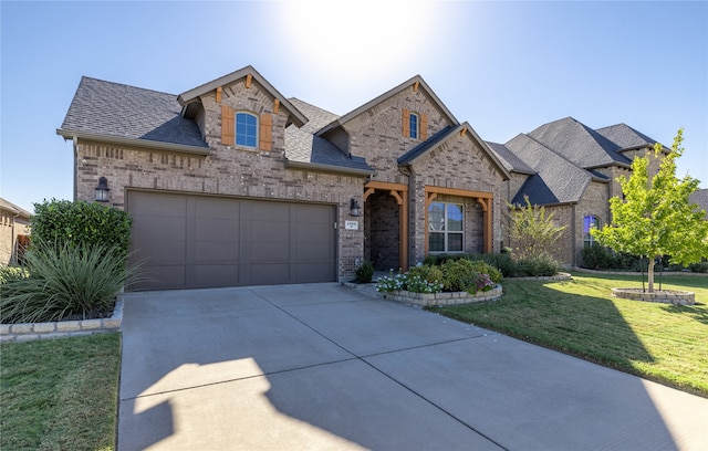 view of front of house with a front lawn and a garage