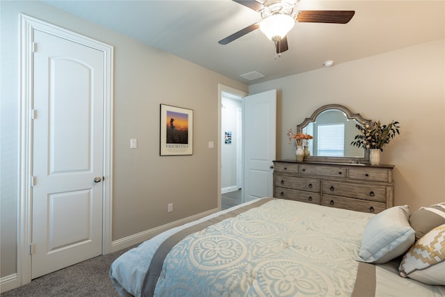 bedroom with ceiling fan and carpet flooring